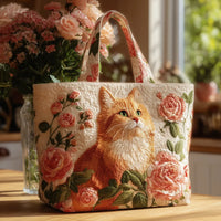 Ginger Cat Surrounded By Roses Quilted Tote Bag